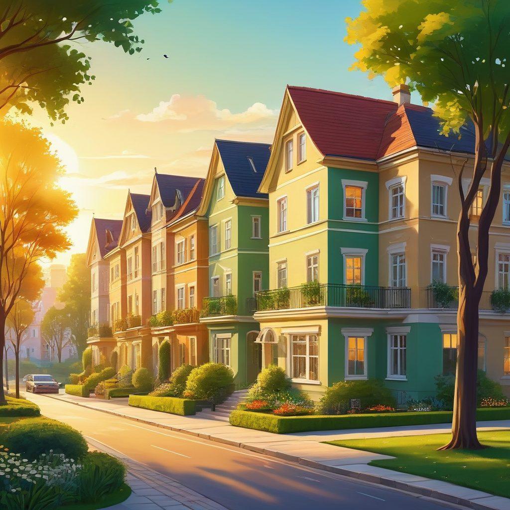 A bustling cityscape with diverse residential buildings, from sleek modern apartments to charming old houses, intertwined with green parks. Include a property manager showing a family a house. Use a soft golden light to represent opportunity and growth. vector art. vibrant colors.