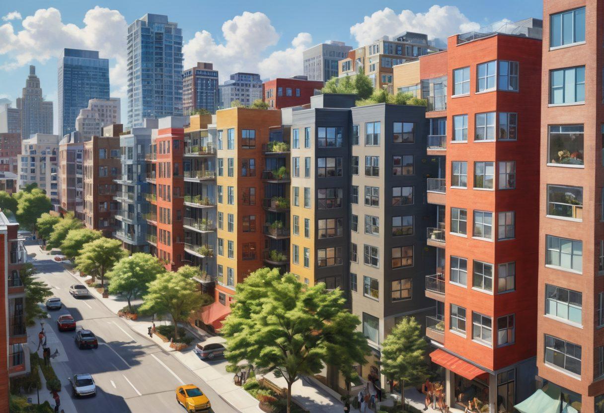 A vibrant cityscape with a diverse array of homes including high-rise apartments, cozy cottages, and modern condos. People are shown engaging in various housing activities such as searching for properties, discussing with real estate agents, and signing rental agreements. Clear, sunny skies symbolize optimism and bright prospects. super-realistic. vibrant colors.